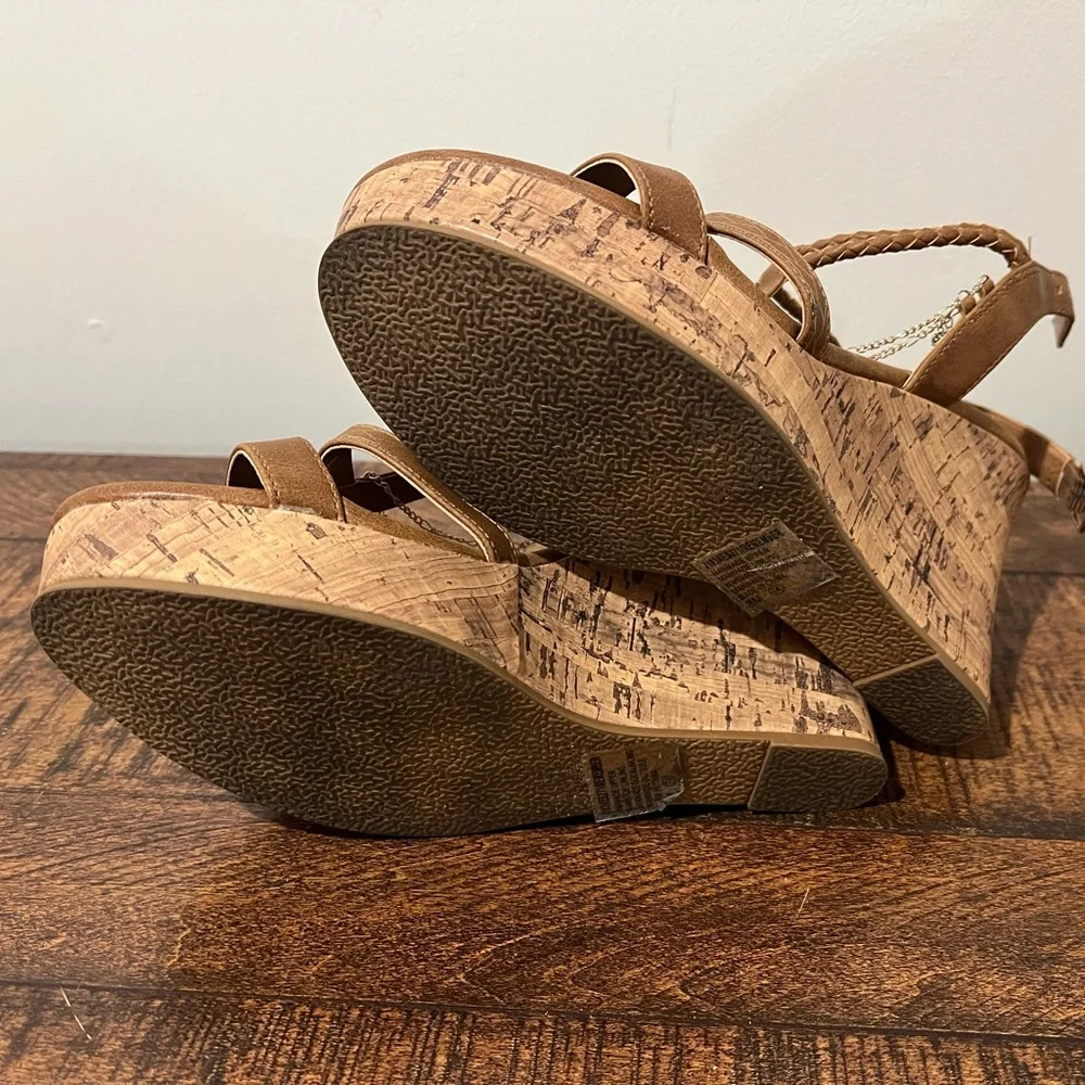 Jellypop Tan Braided-Strap Cork Wedge Sandals with Chain Accent
